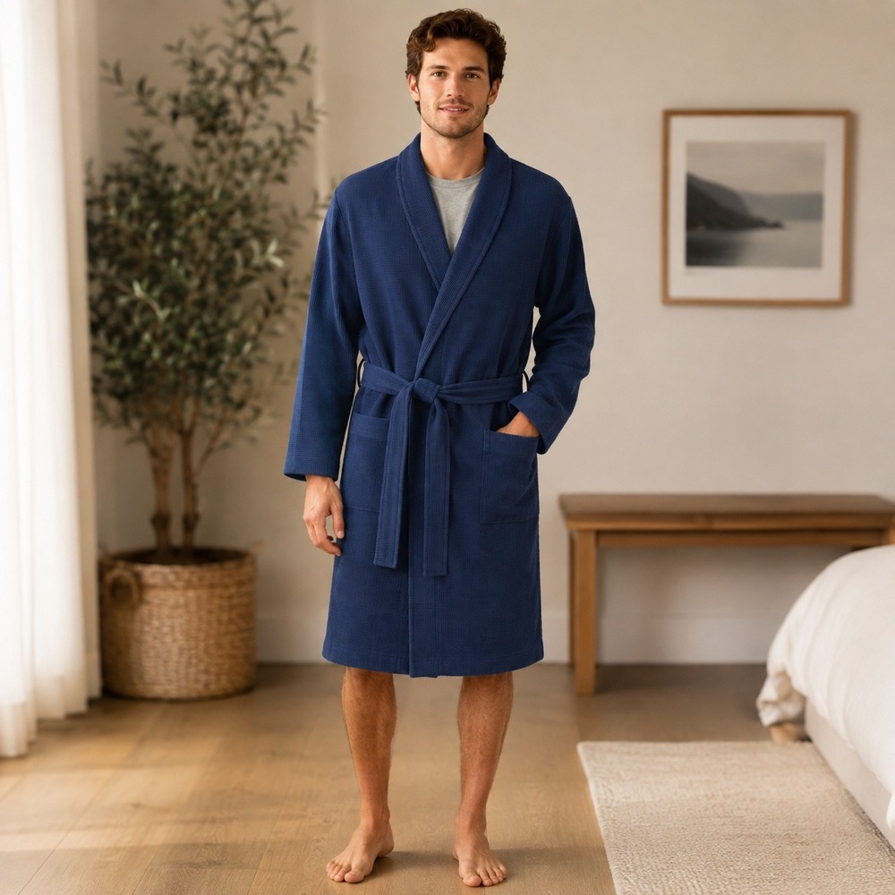 Lands End Men's Waffle Robe Small Shawl Collar Deep Sea Navy Bath Spa Lounge NWT